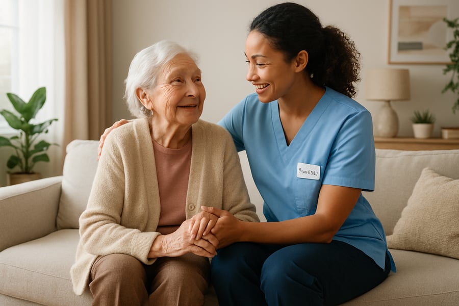A caring home care worker supporting an elderly client in a comfortable living room