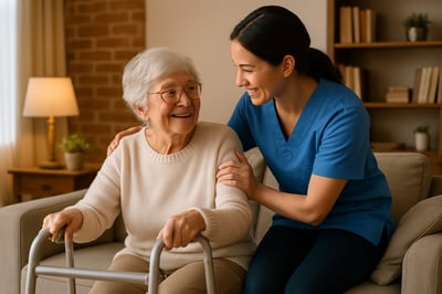A caring home carer assisting an elderly person in a cosy living room.